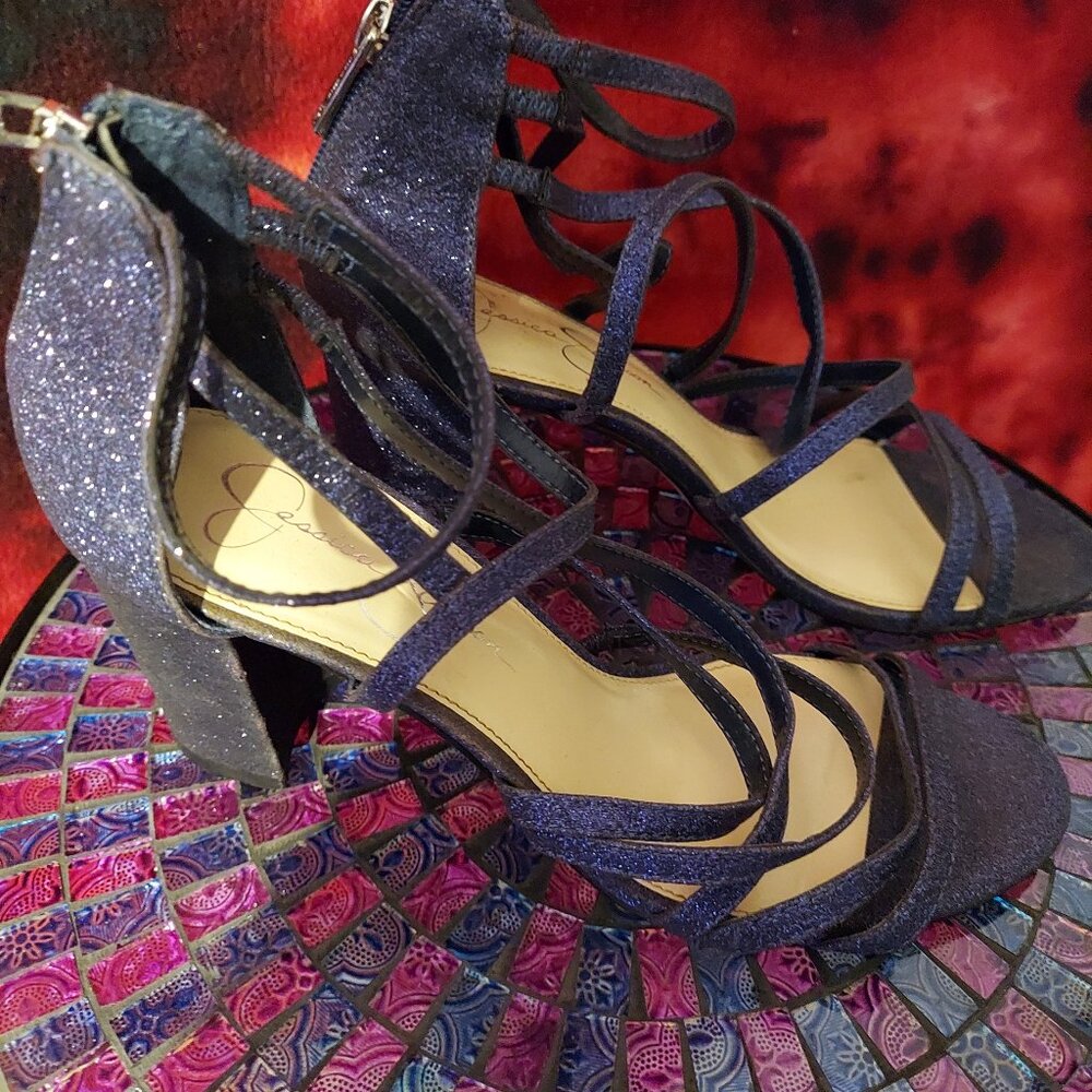 glamorous navy blue sparkly glitter strappy heels
